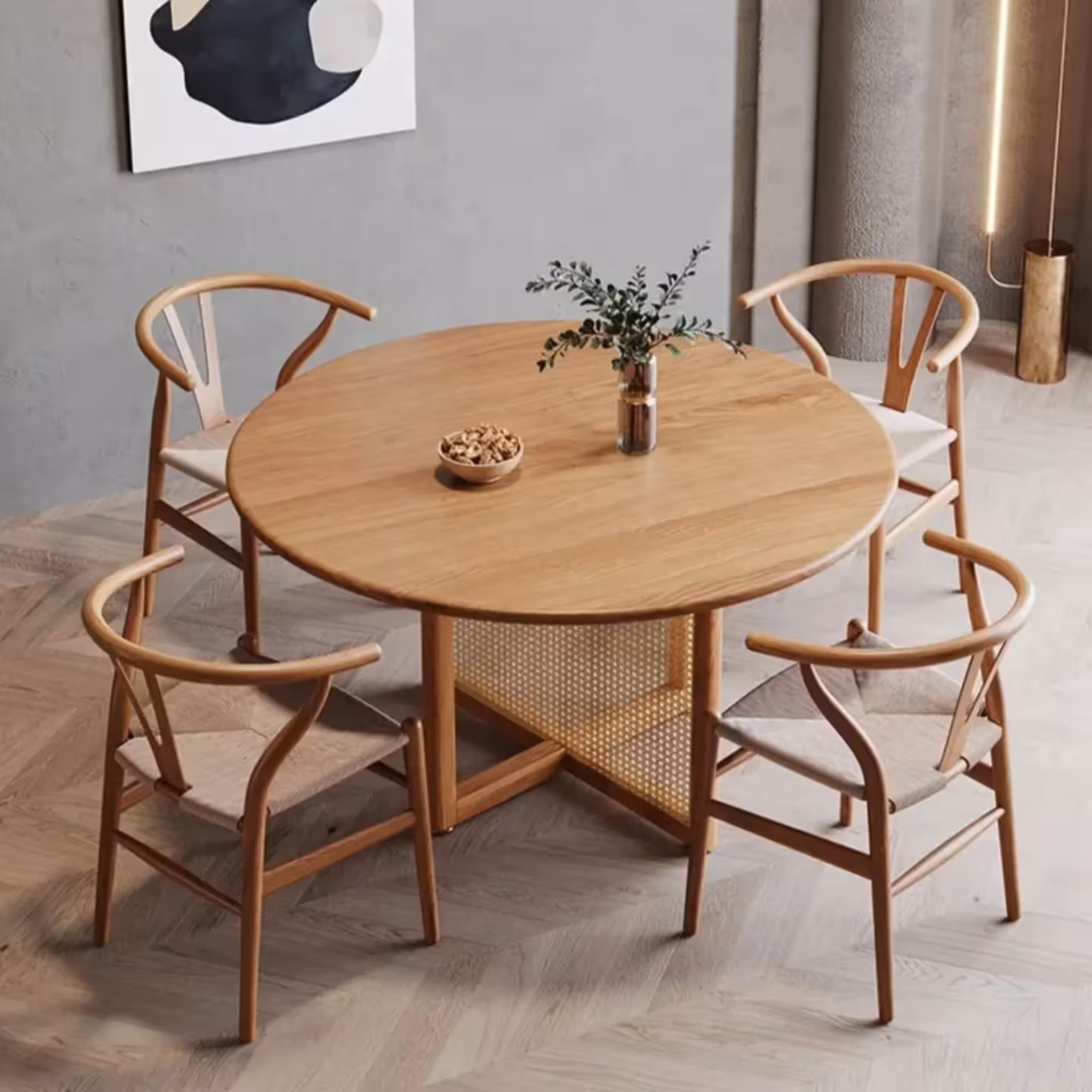 Round  Dining Table w/ Rattan Pedestal & 4 Wishbone Chairs