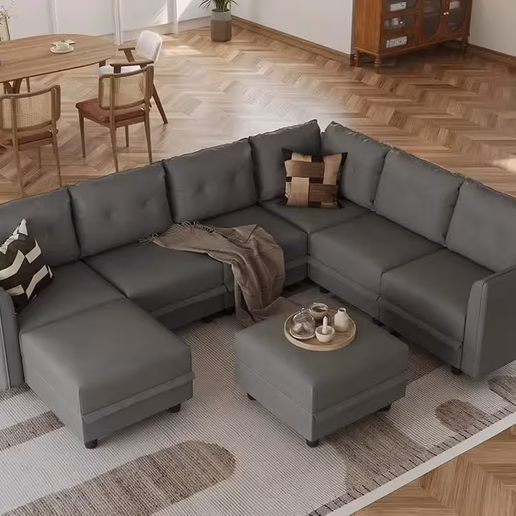 Modular Dark Grey Leather 7-Seater Sectional