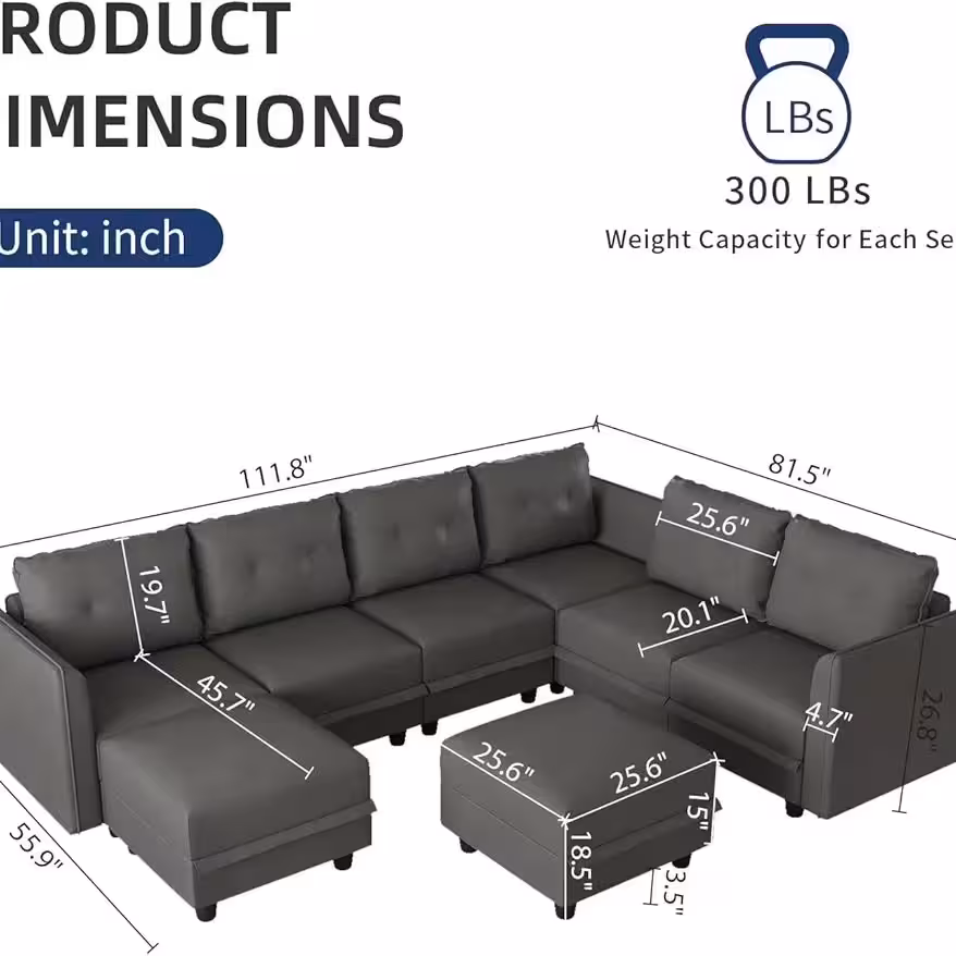 Modular Dark Grey Leather 7-Seater Sectional