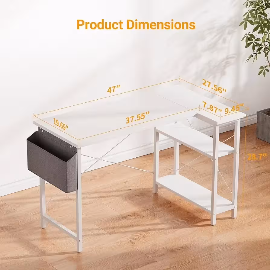 47-Inch L-Shaped Computer Desk with Storage Shelves