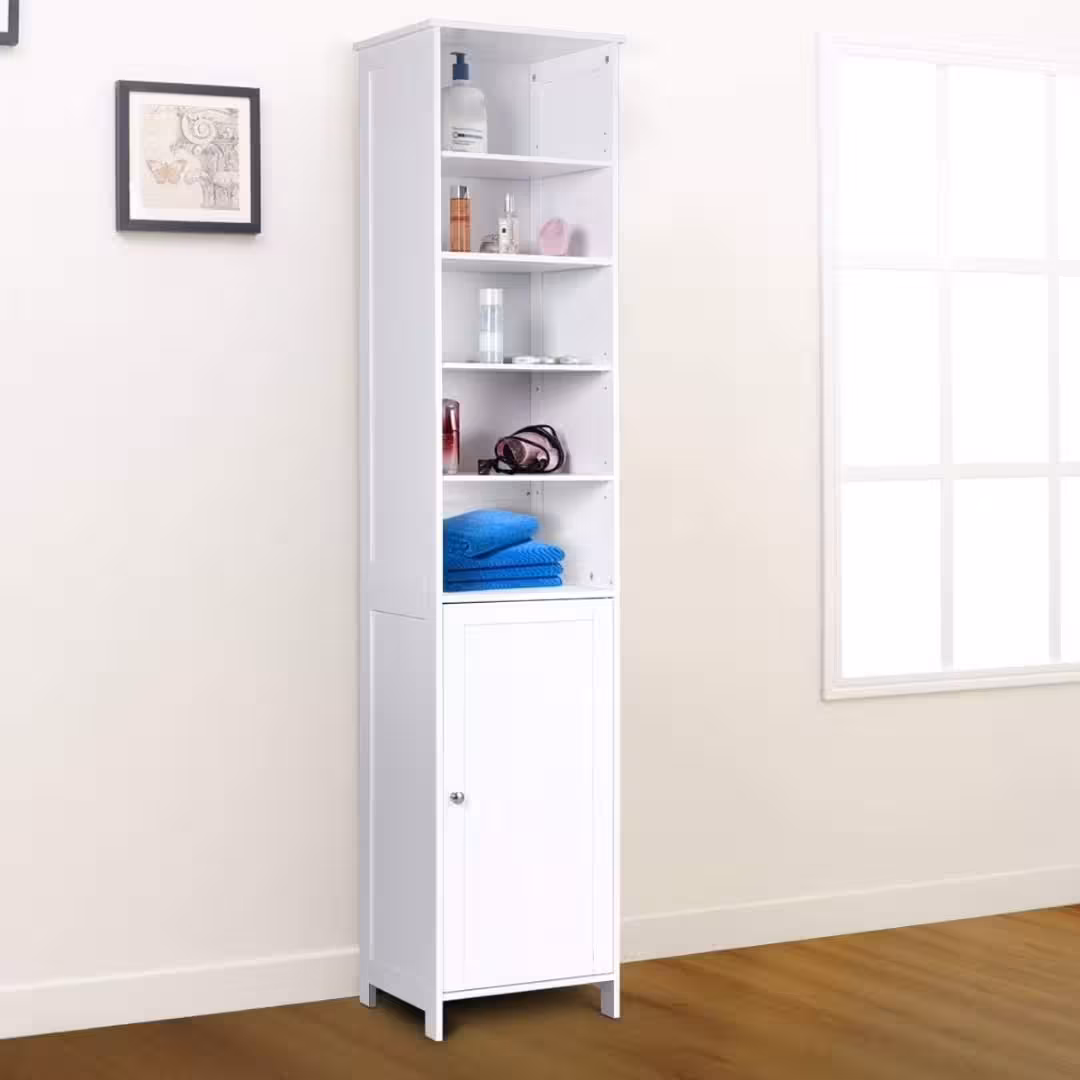 Elegant Freestanding White Wooden Tall Bathroom Cabinet
