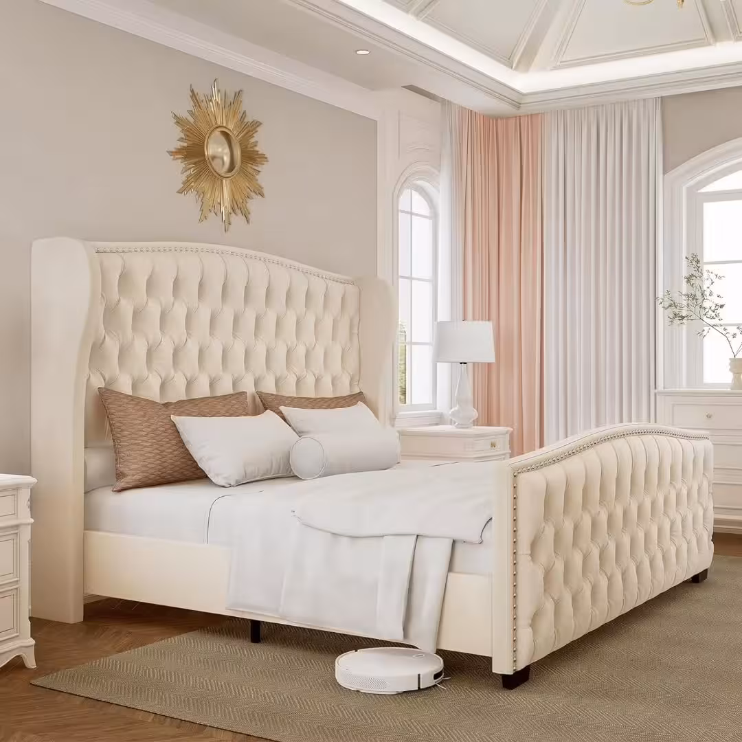 King Size Cream Wingback Tufted Bed