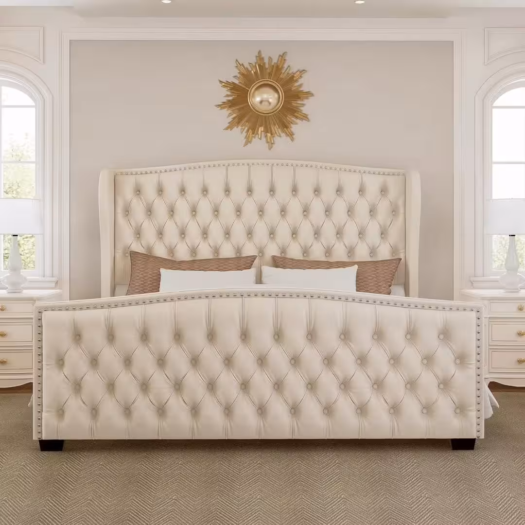 King Size Cream Wingback Tufted Bed alternate view
