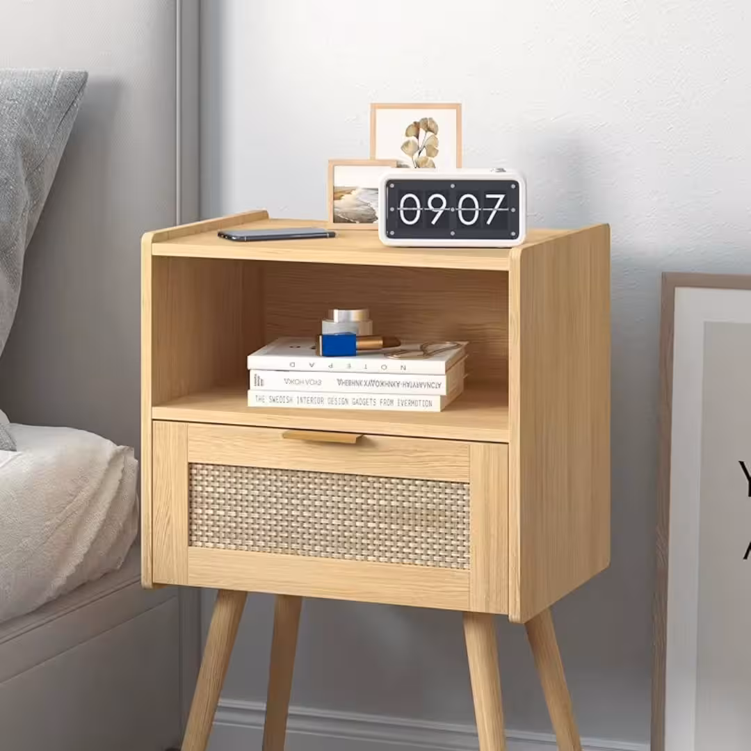 Wooden Rattan Side Table with Drawer
