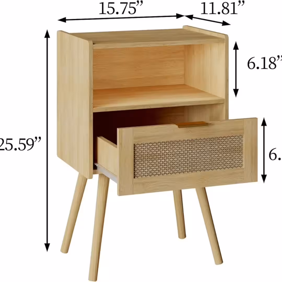 Wooden Rattan Side Table with Drawer