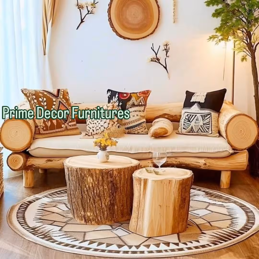 Rustic Log Wood 3-Seater Sofa Set with Grey Cushions and Glass Coffee Table