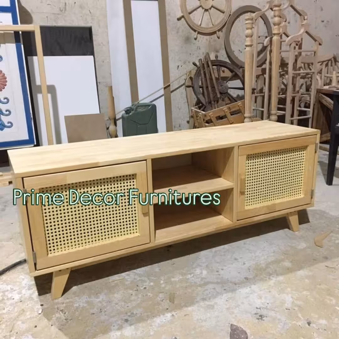 Natural Pine & Cane Rattan Mid-Century Modern TV Stand Console