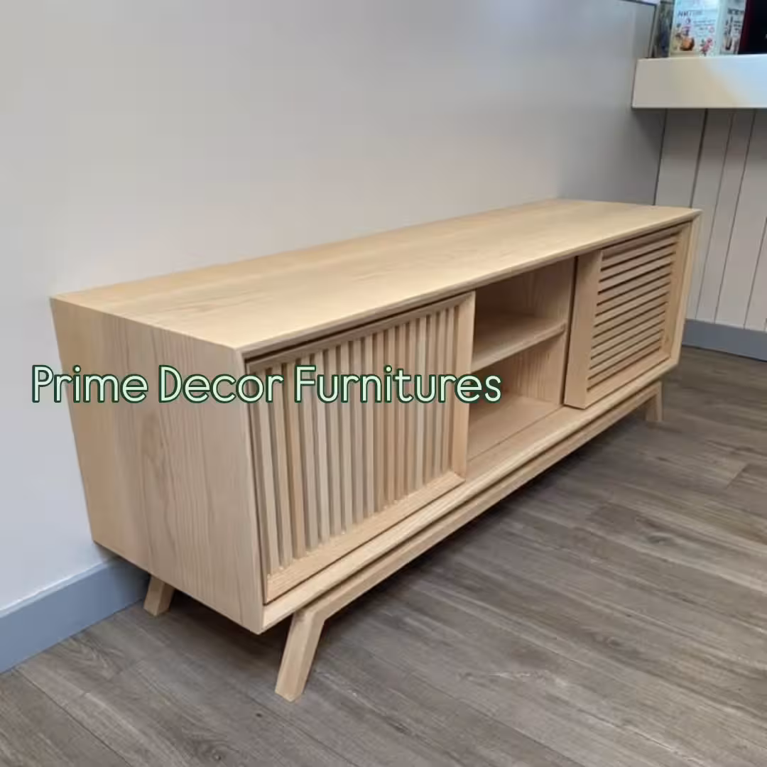 Natural Pine & Cane Rattan Mid-Century Modern TV Stand Console