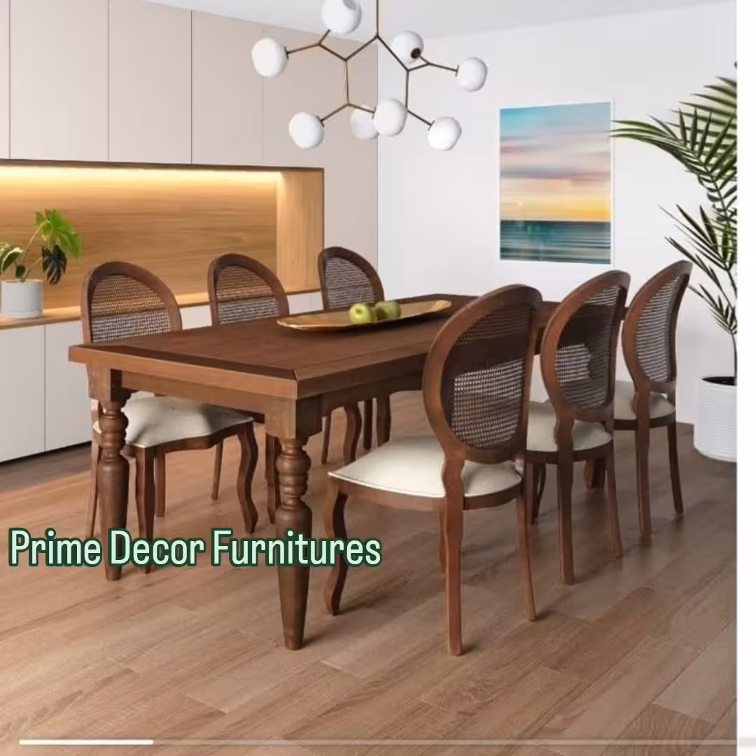 Traditional Solid Wood Rectangular Dining Set with 6 Cane Back Chairs