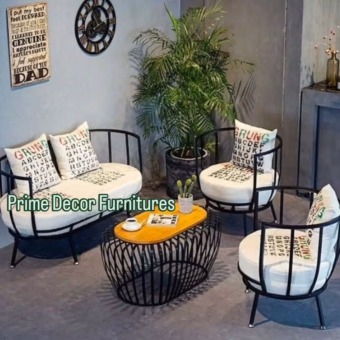 Modern Industrial "Birdcage" 4-Seater Outdoor/Indoor Sofa Set with Wooden Coffee Table