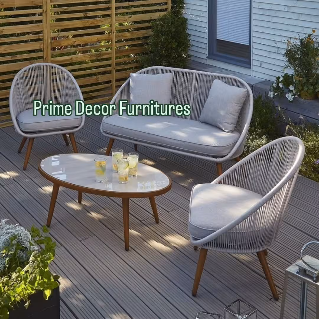 Scandi-Inspired 4-Piece Outdoor Sofa Set with Hand-Woven Rope Chairs and Glass Coffee Table