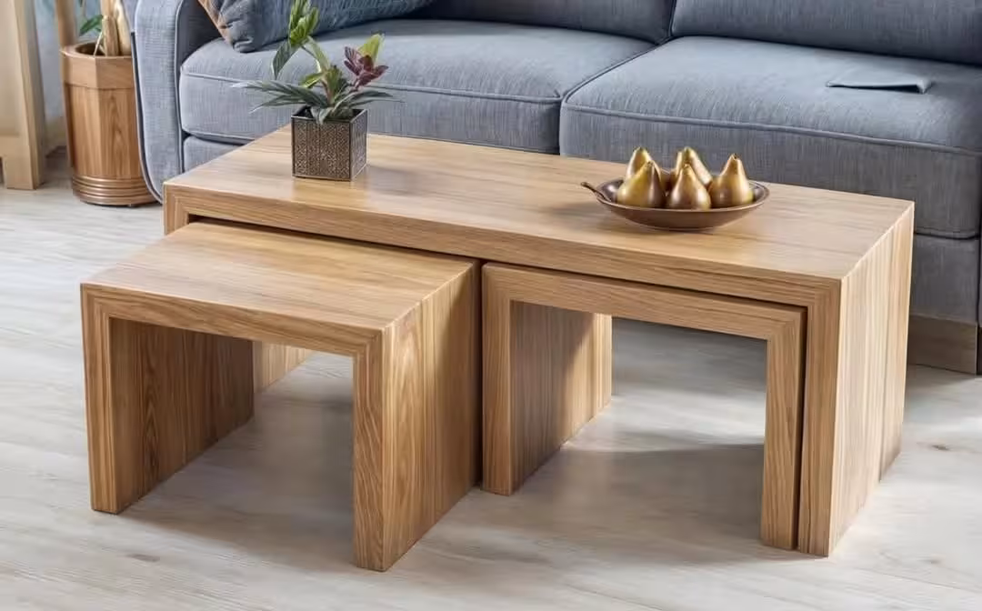 American White Oak Nesting Coffee Table and Stool Set