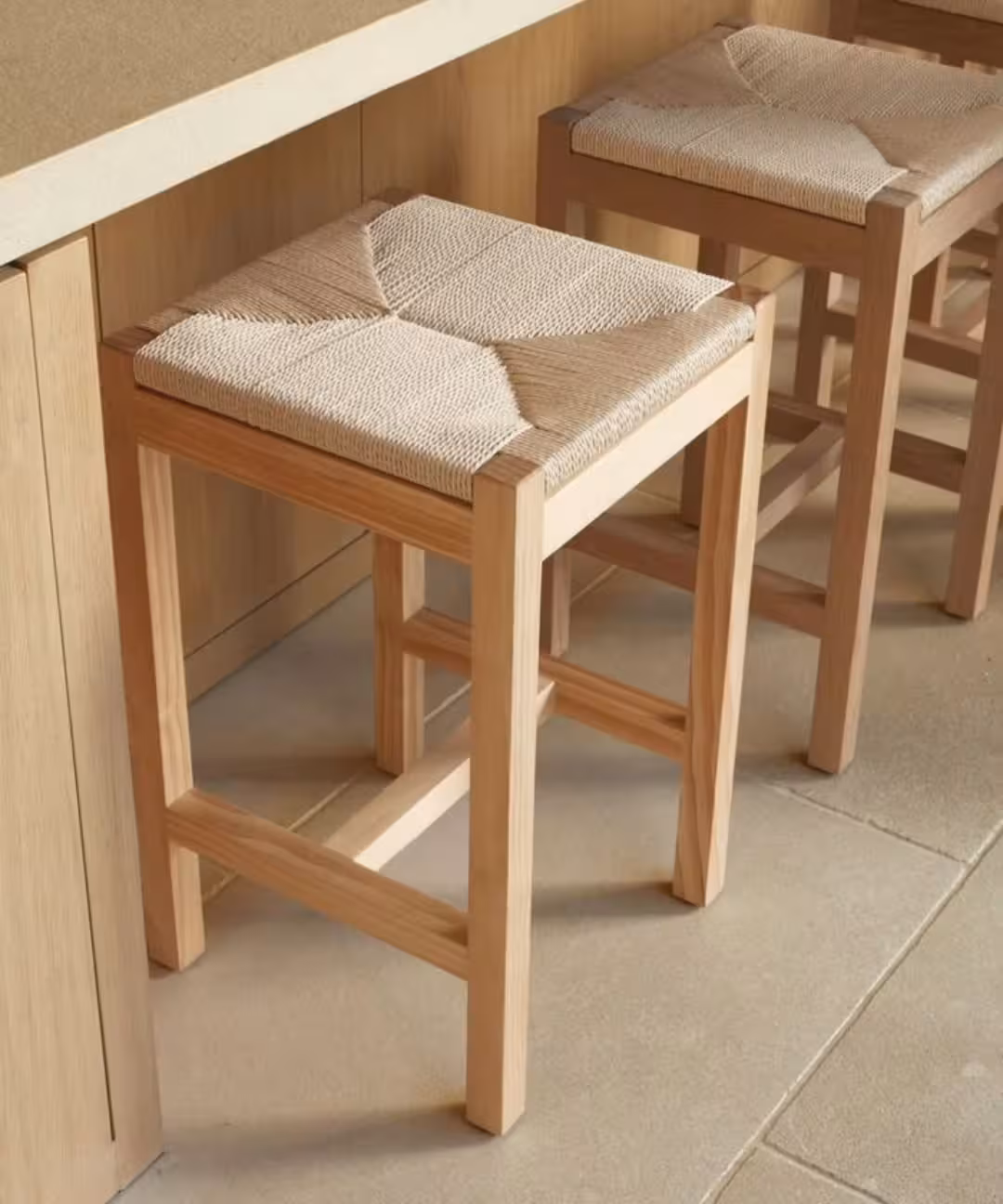 Scandinavian Natural Wood Dining Stool with Handwoven Seat