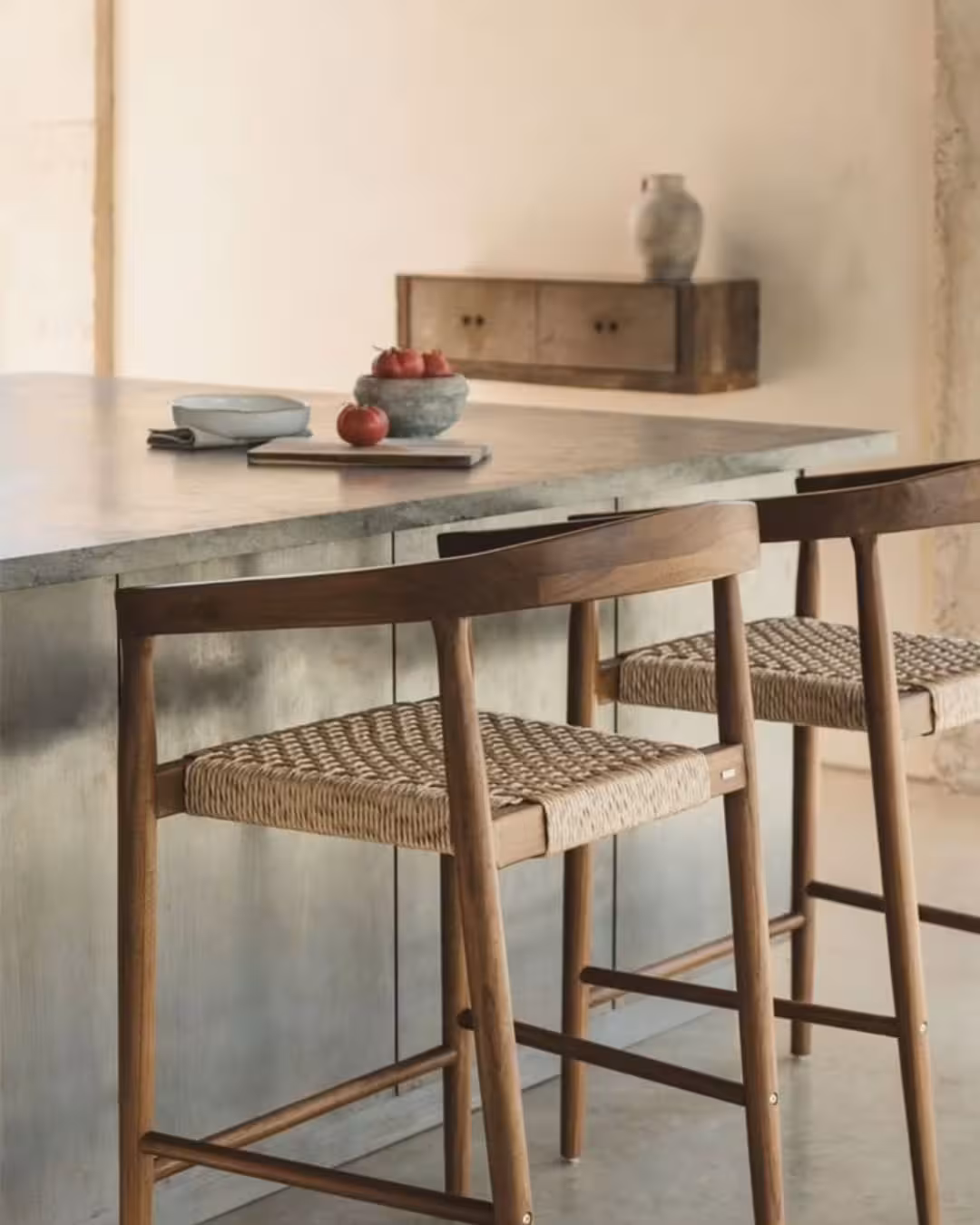 Scandinavian Woven Seat Wooden Bar Stool with Rounded Backrest