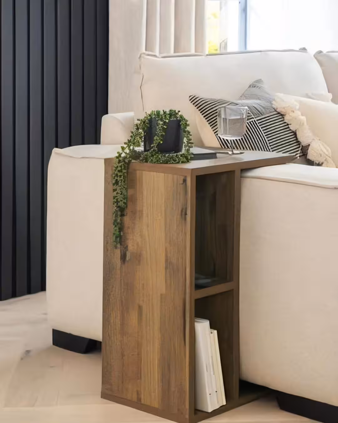 Modern Wooden C-Shaped End Table with Storage Shelf