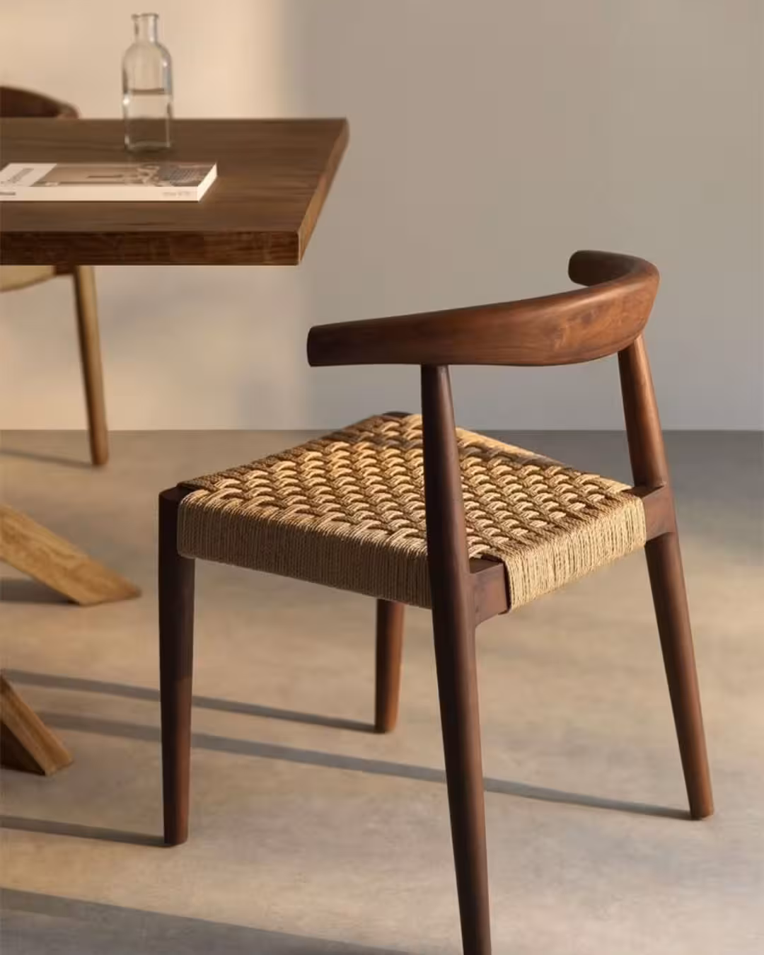 Modern Teak Wood Dining Armchair with Woven Rope Seat