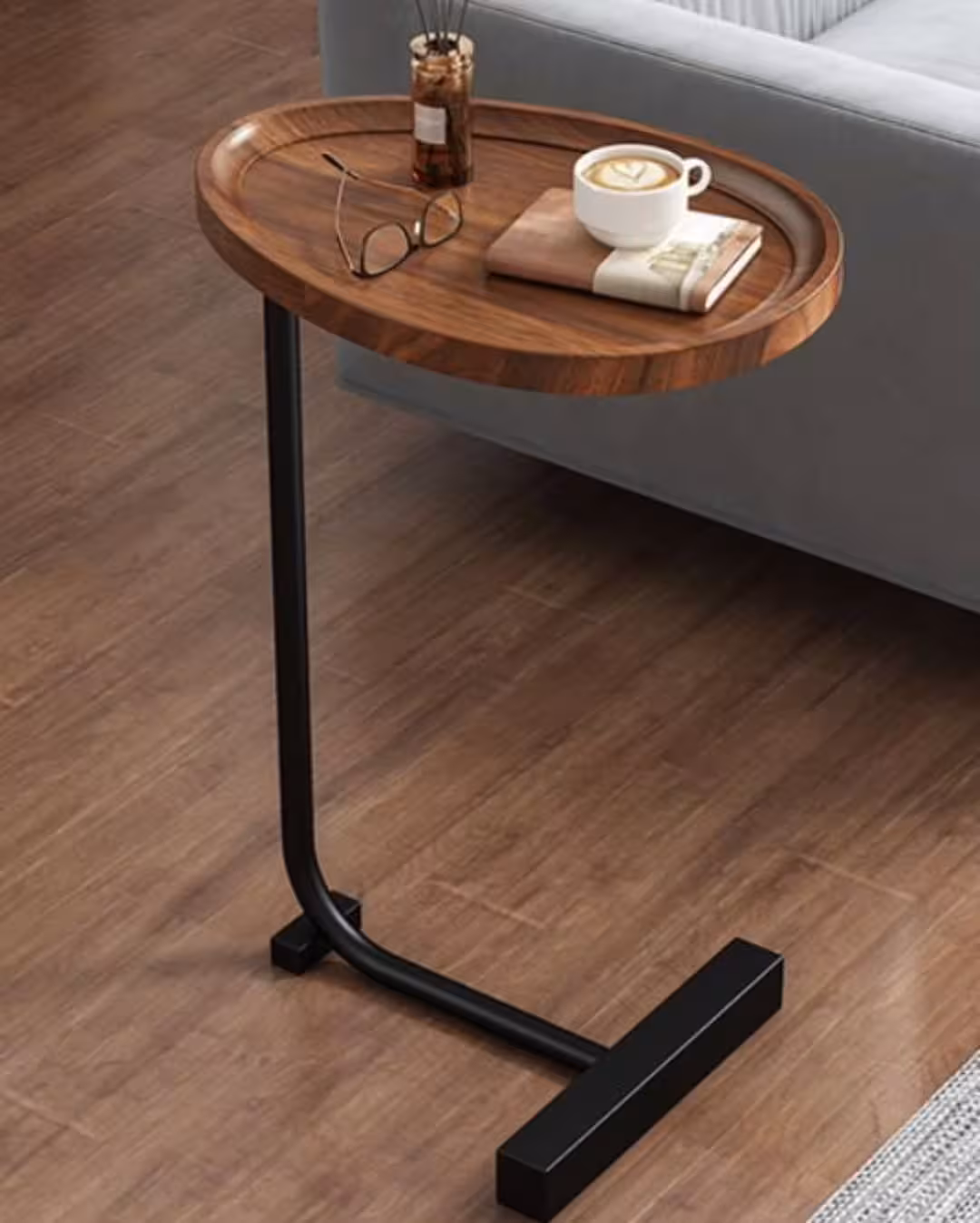Oval Walnut Tray-Top C-Shaped Side Table with Black Metal Base