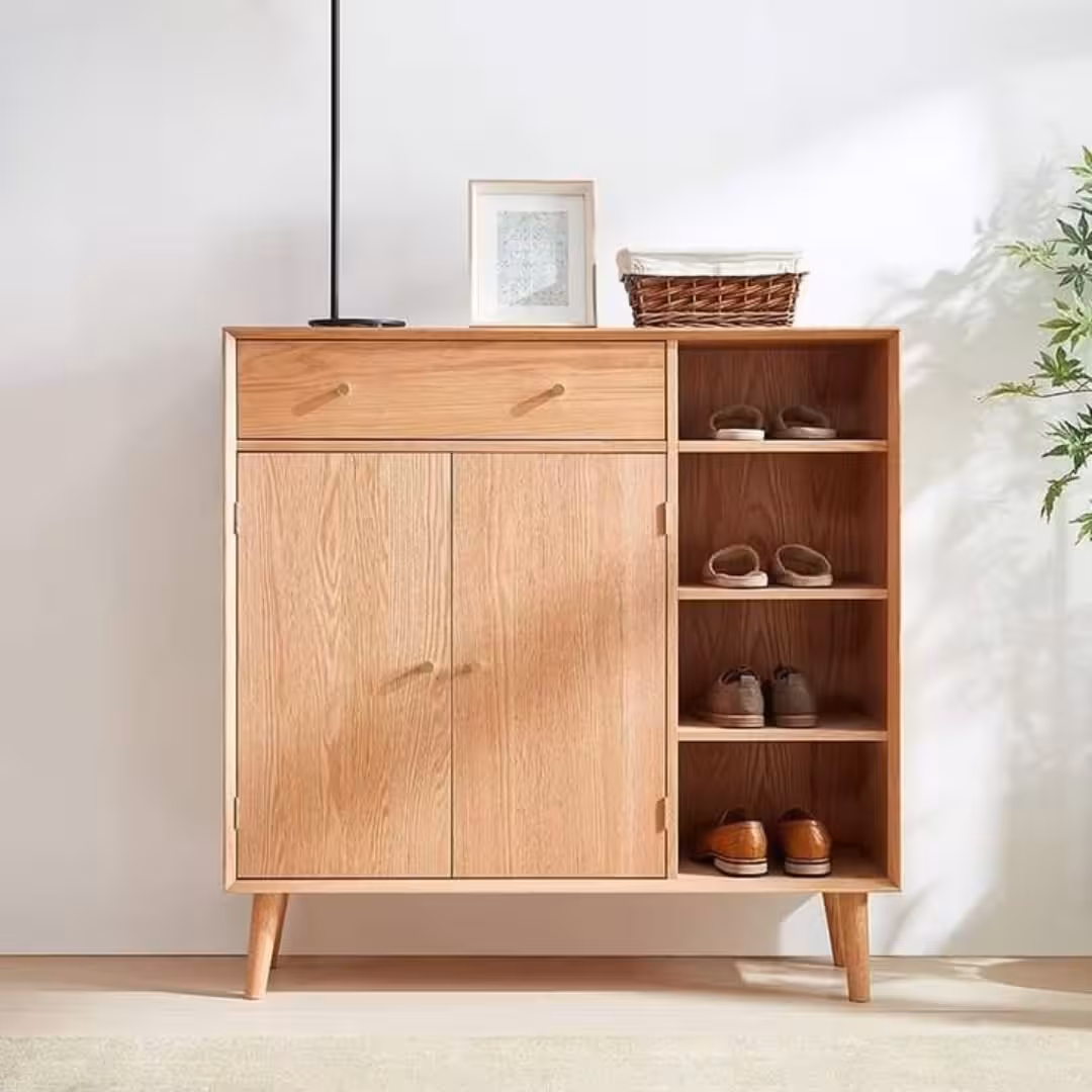 Minimalist Light Wood Shoe Storage Cabinet with Open Shelving