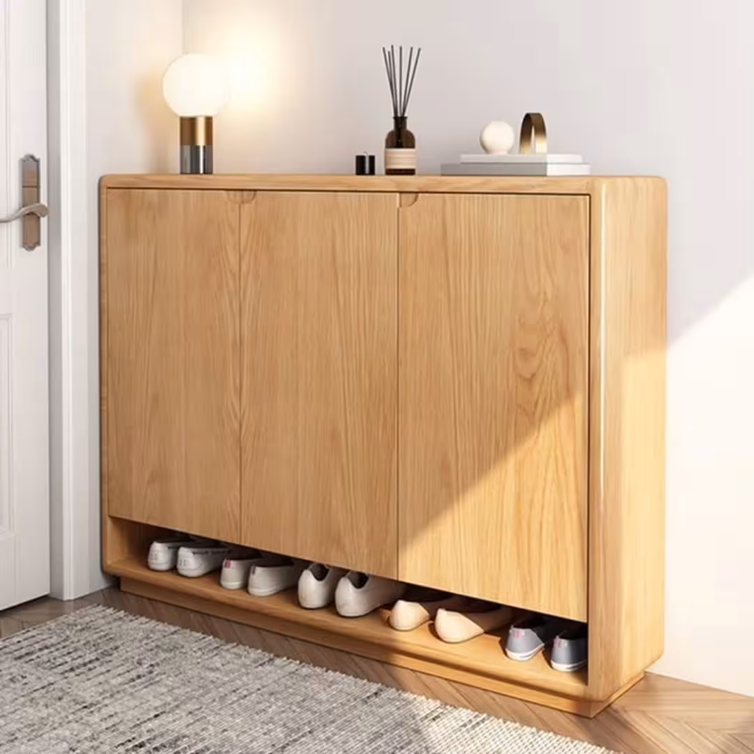Minimalist Rounded-Edge Wooden Shoe Cabinet with Open Base