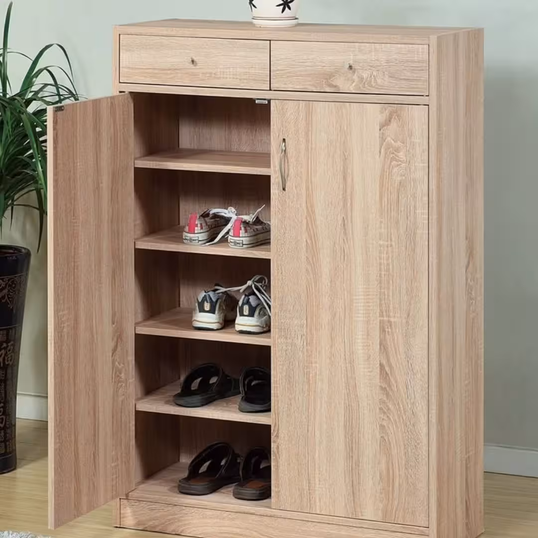 Modern Oak-Finish Wooden Shoe Organizer with Top Drawers