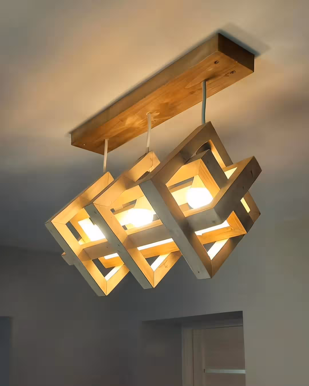 Geometric 3-Light Wooden Cluster Hanging Pendant Lamp