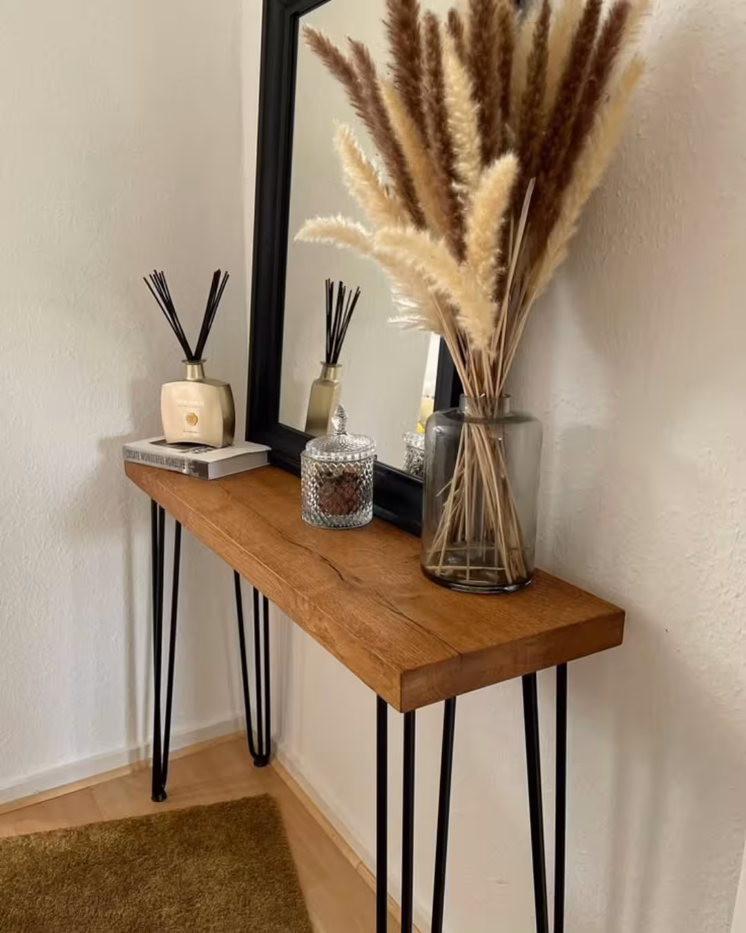 Rustic Live-Edge Solid Wood Console Table with Black Hairpin Legs