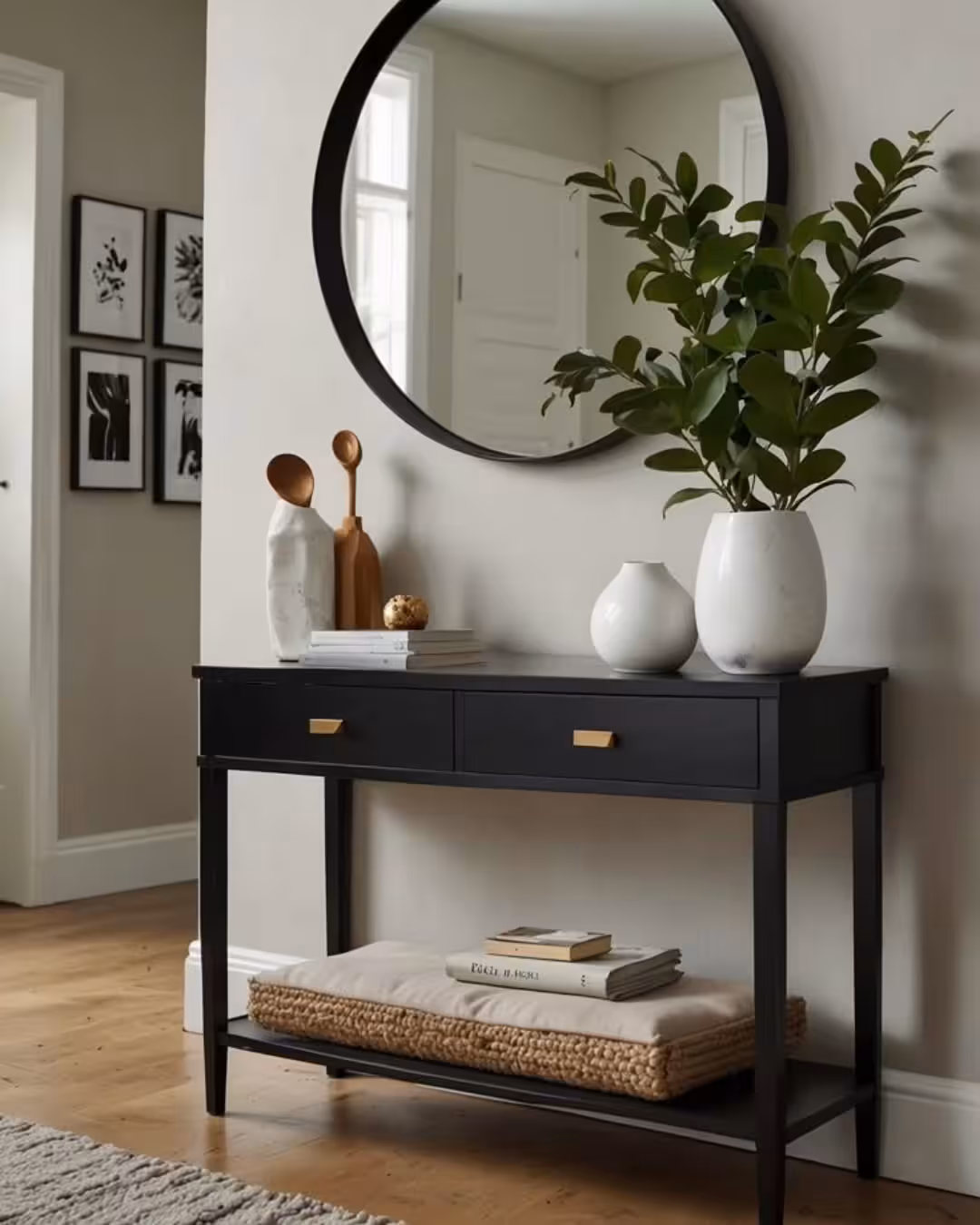 Sleek Satin Black Console Table with Gold Hardware & Storage