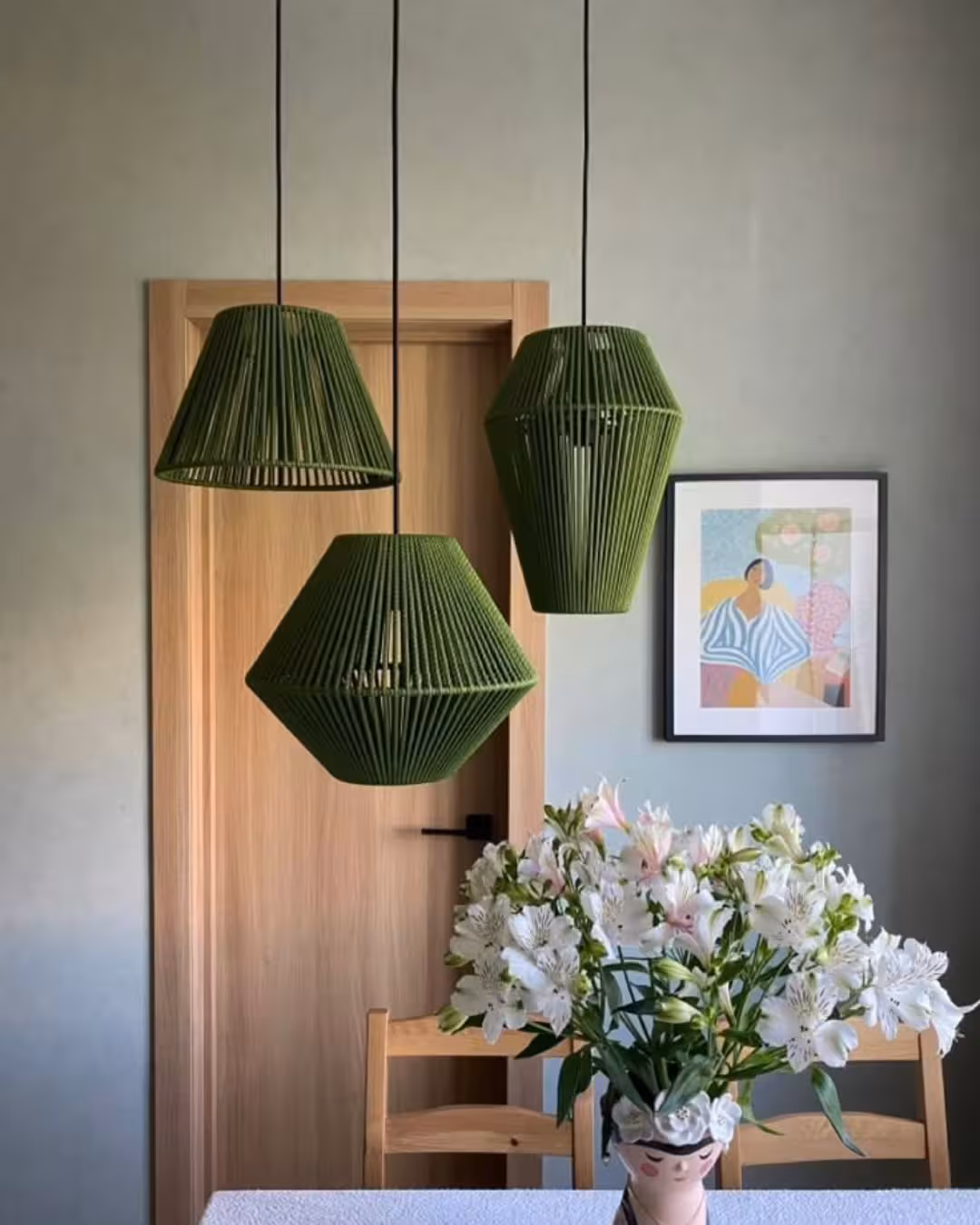 Artisanal Olive Green Handwoven Cord-Wrapped Pendant Lamp