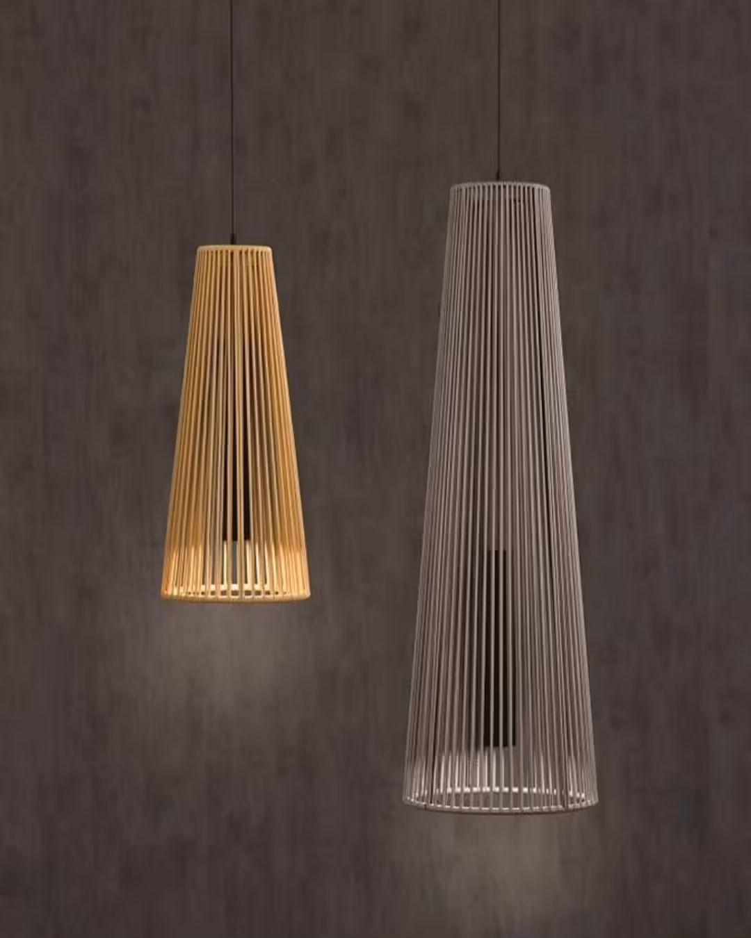 Conical Slatted Handwoven Pendant Lamp with Braided Cord Shade