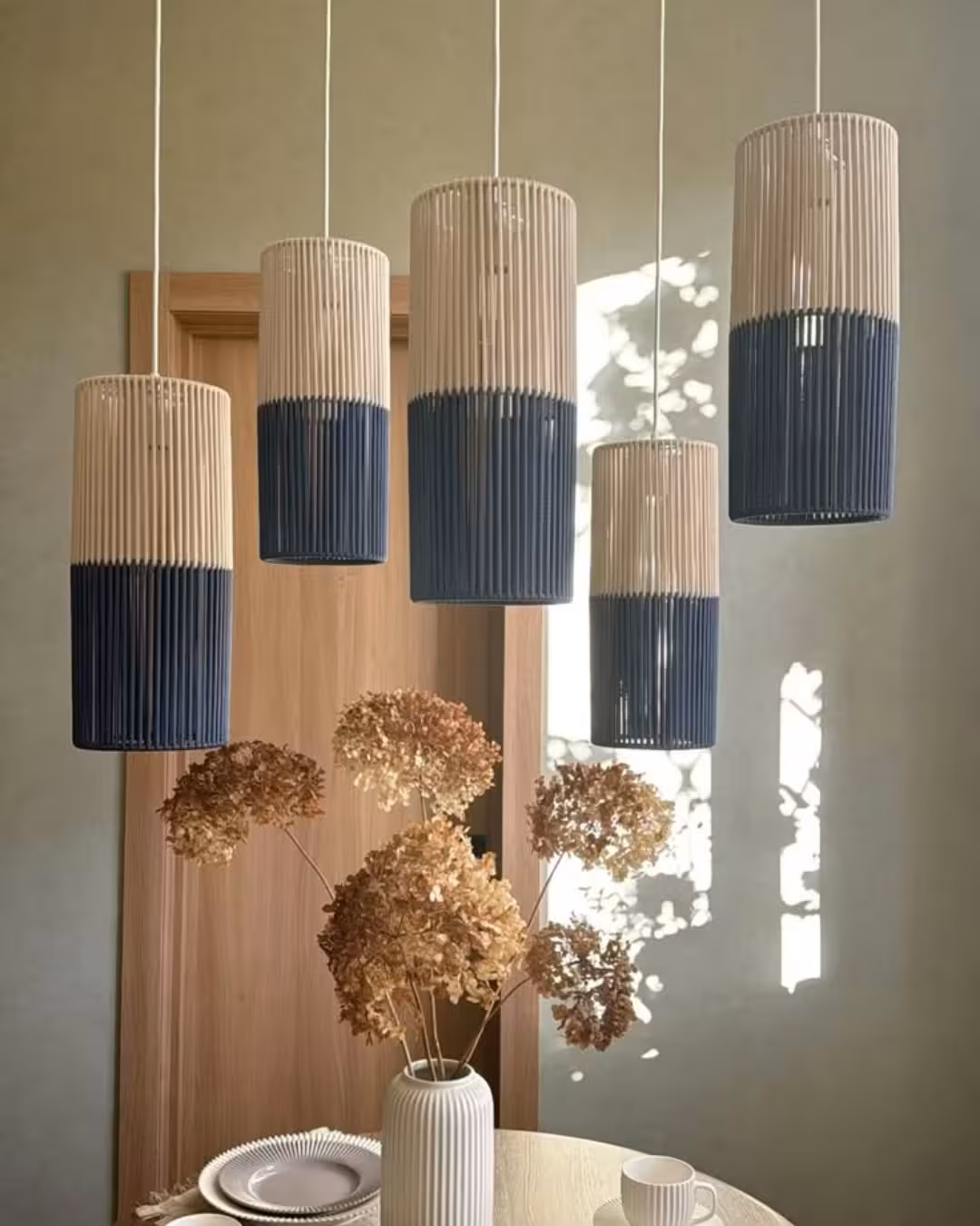 Two-Tone Cylindrical Handwoven Pendant Lamps (Set of 2)