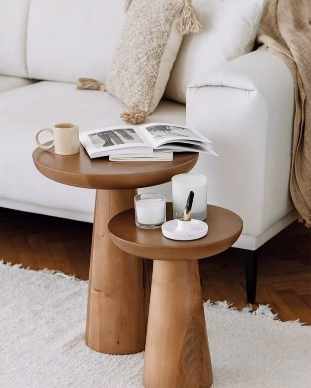 Artisanal Mushroom-Shaped Solid Wood Side Table Set
