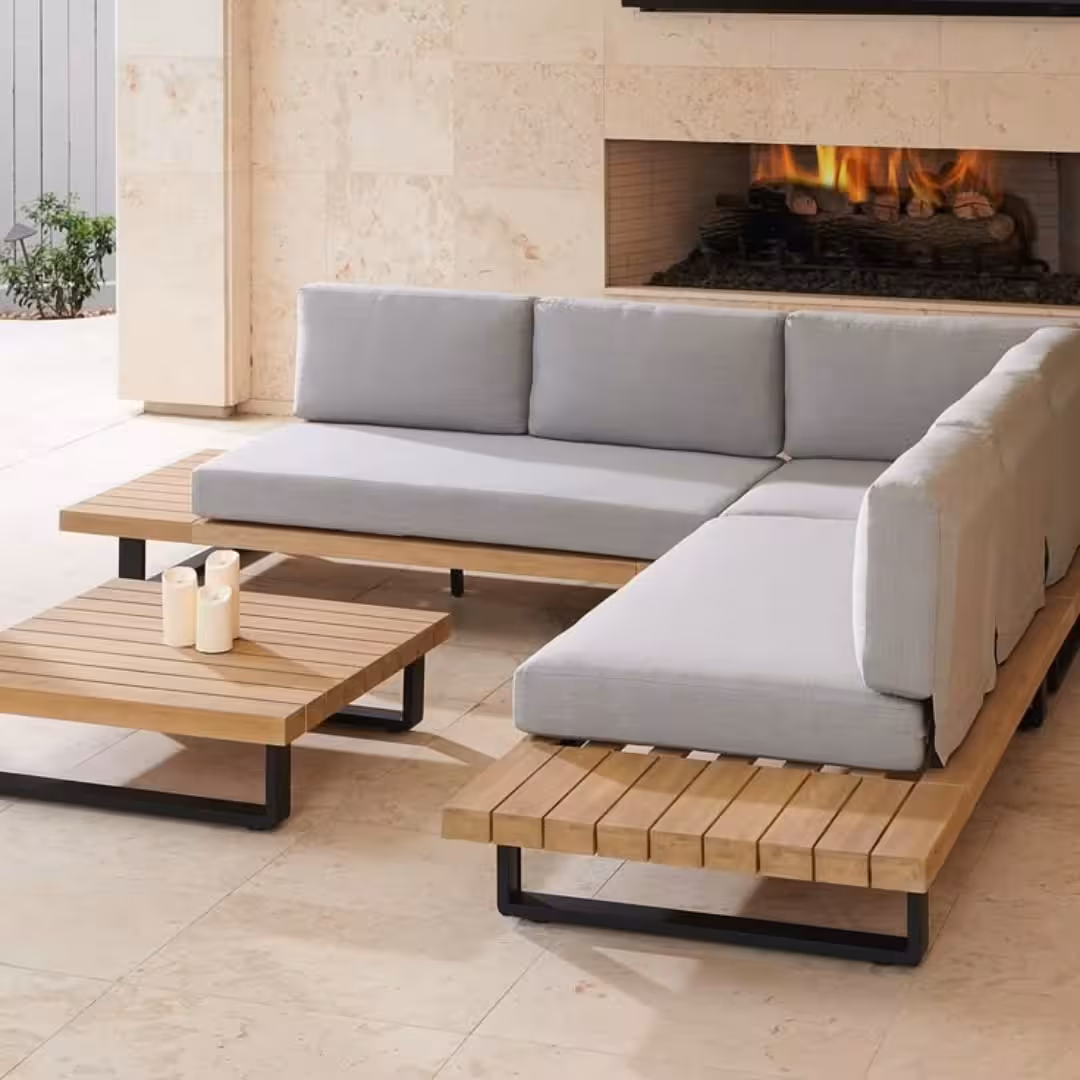 Modern Acacia Wood L-Shape Garden Lounger Set with Slatted Coffee Table
