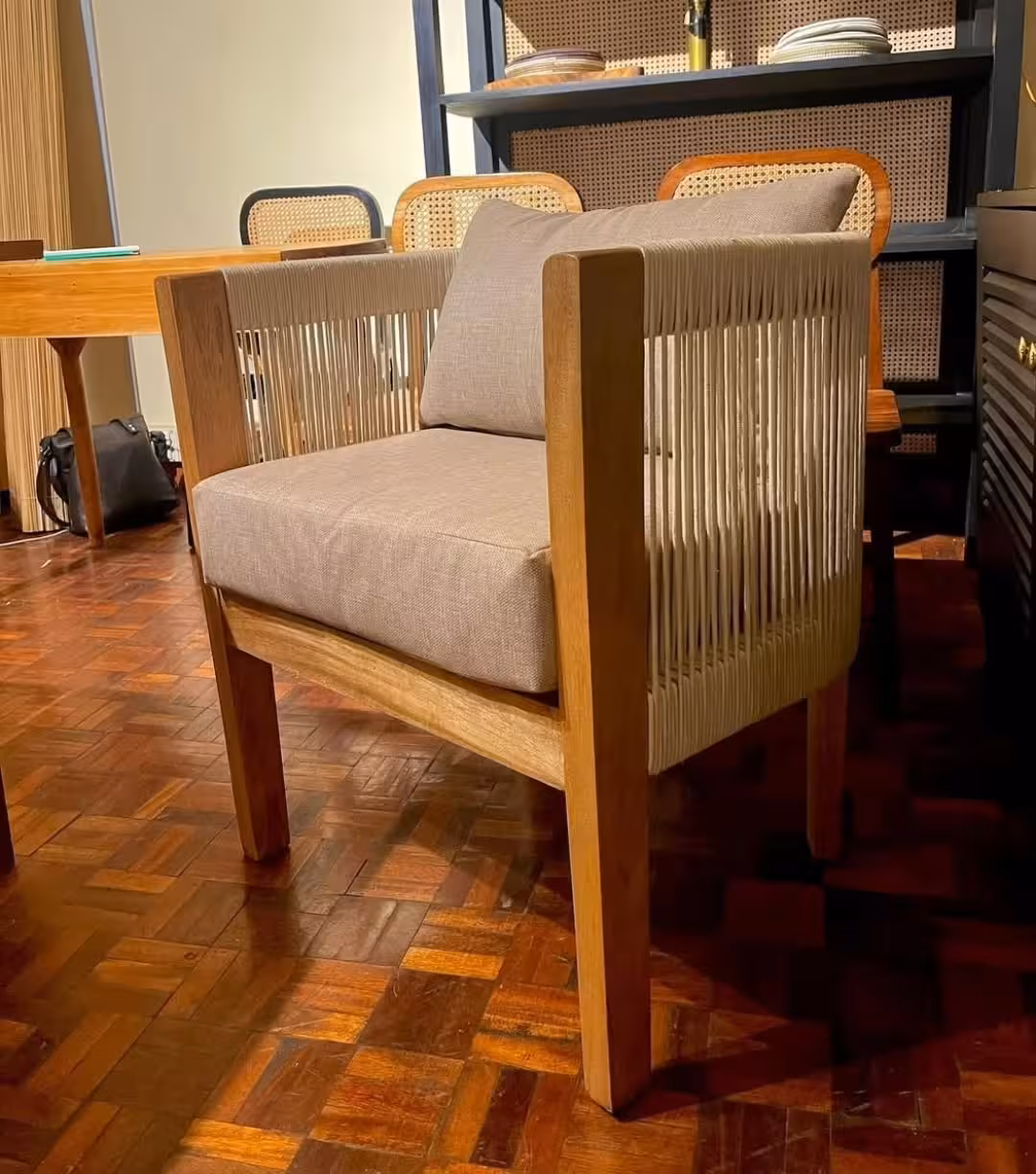 Modern Bohemian Woven Rope Tub Armchair with Solid Wood Frame