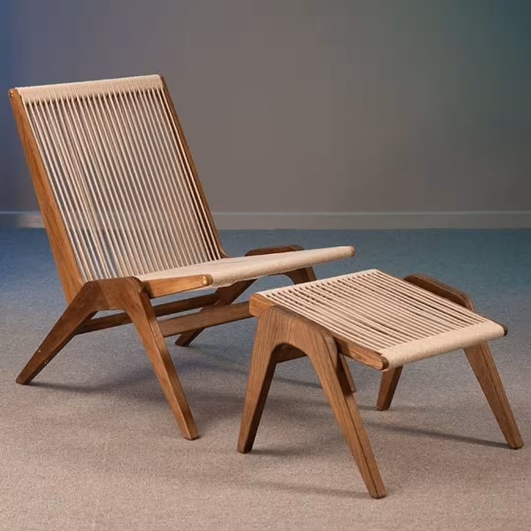 Artisanal Wooden Rope Lounge Chair and Ottoman Set