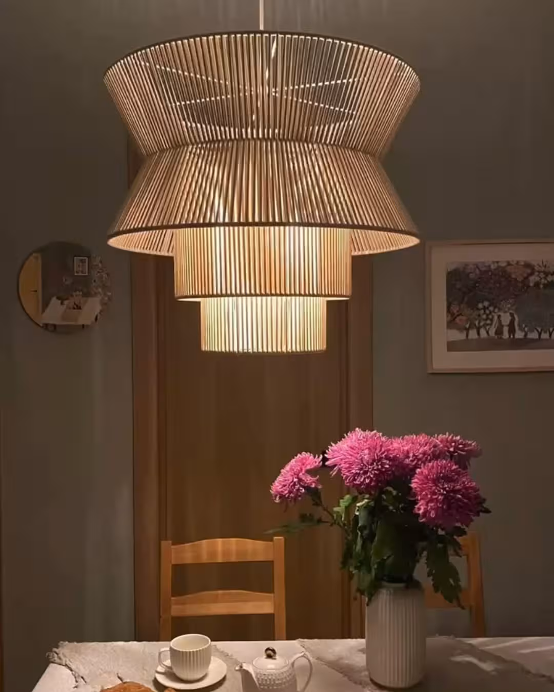 Nordic Diabolo Shape Tiered Wooden Slat Pendant Lamp