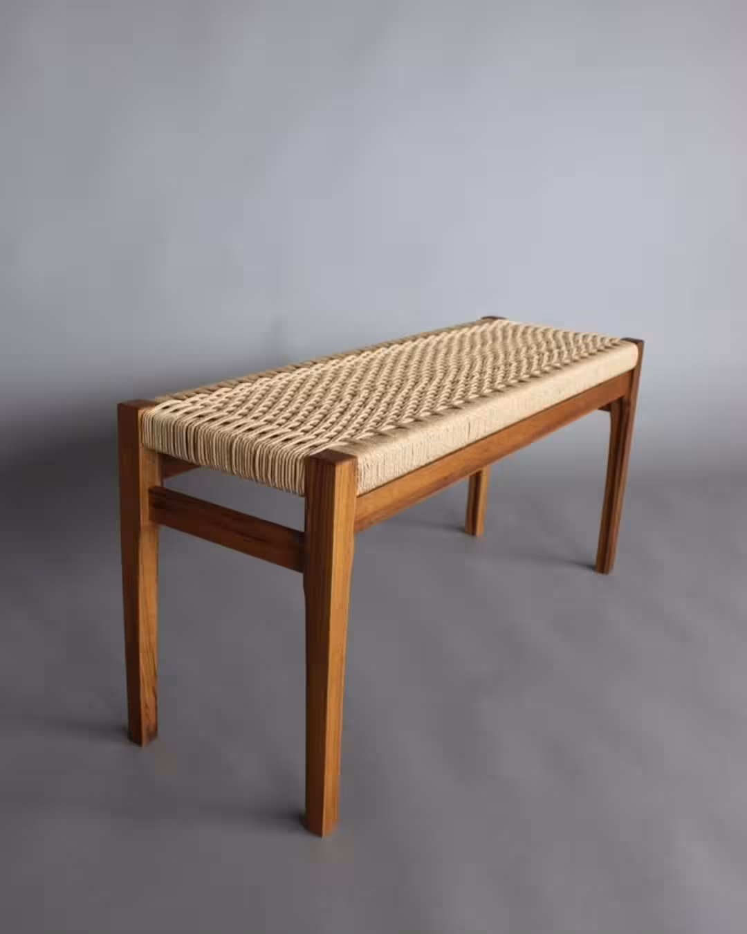 Minimalist Teak Wood Bench with Handwoven Danish Cord Seat