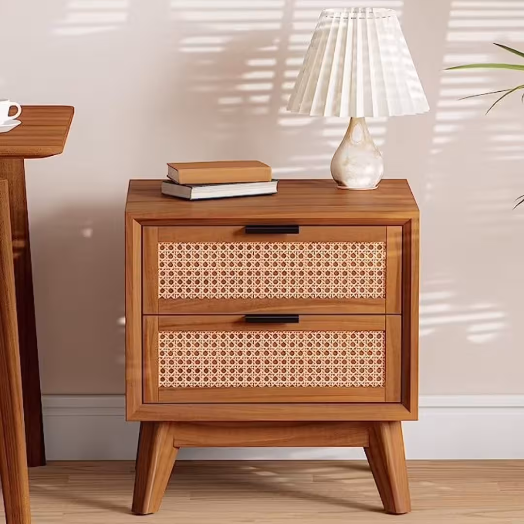 Cacao Rattan-Inlay Bedside Table