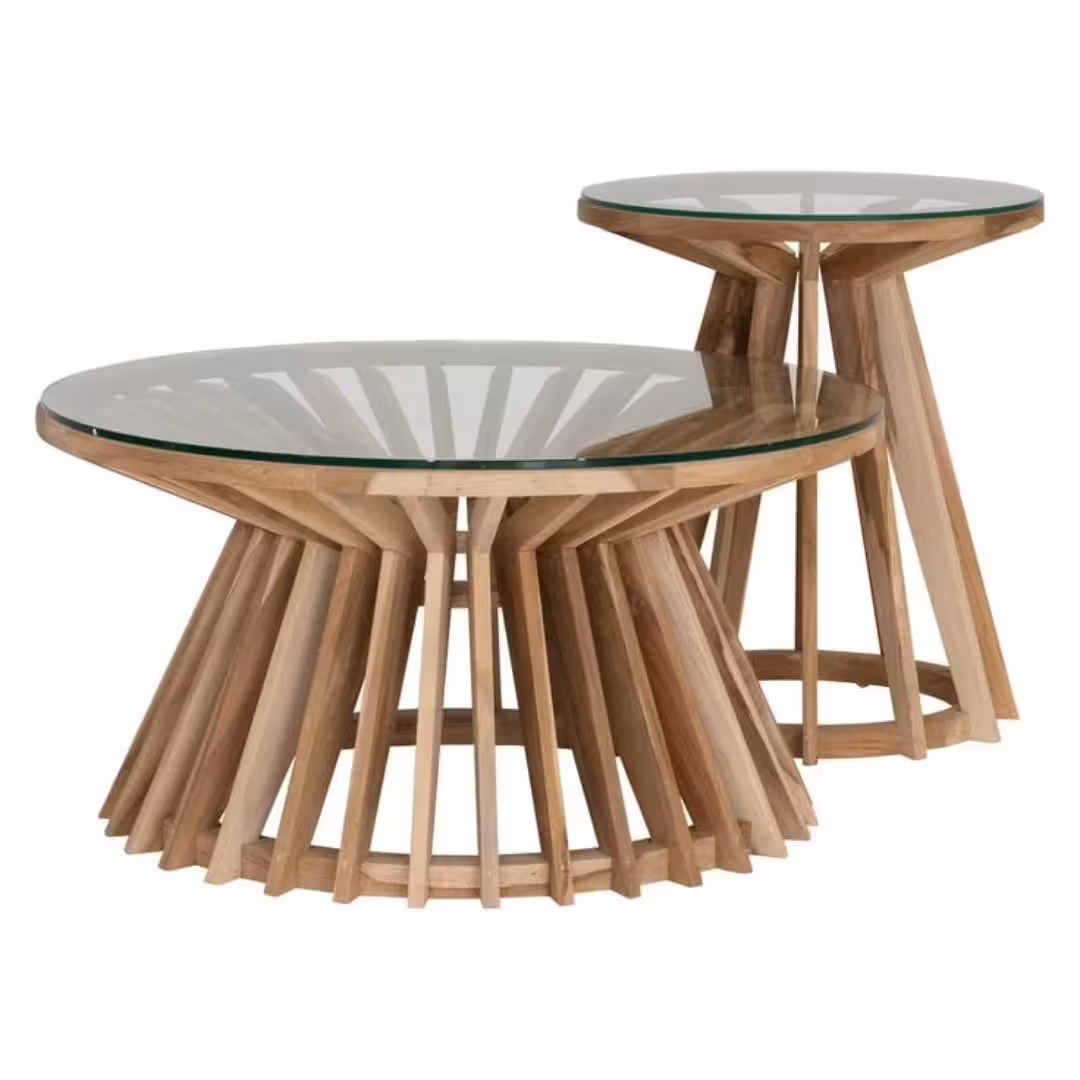 Radial Teak Glass-Top Coffee Table Set