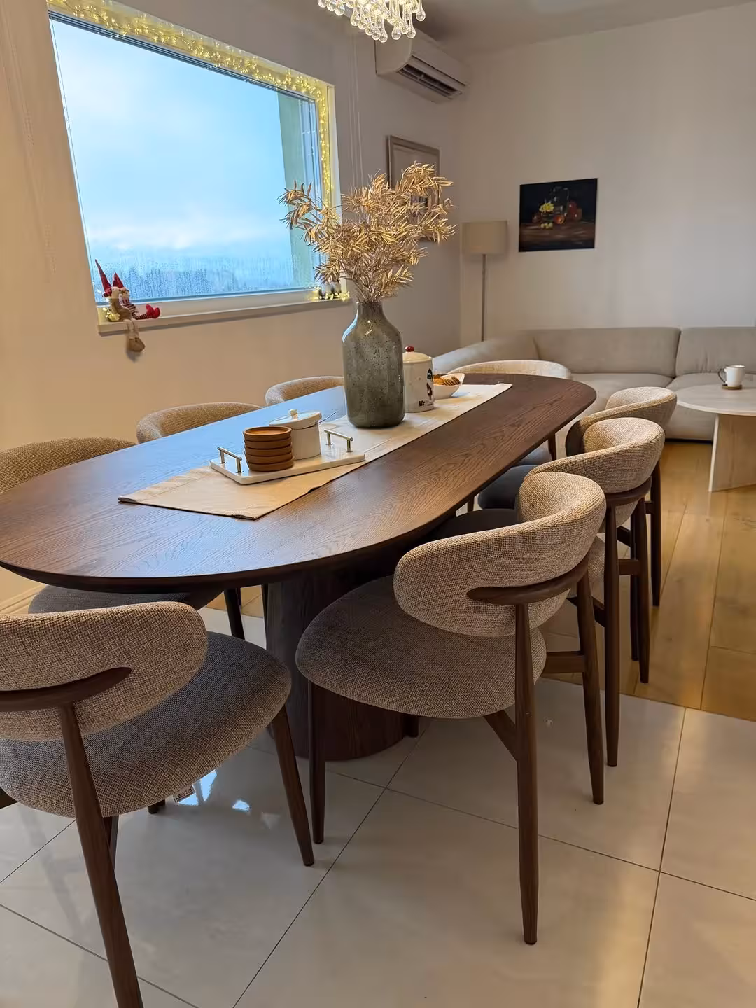 Contemporary Pill-Shaped 8-Seater Dining Set with Bouclé Chairs
