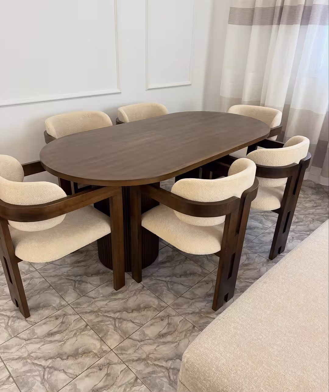 Contemporary Pill-Shaped 6-Seater Dining Set with Bouclé Chairs