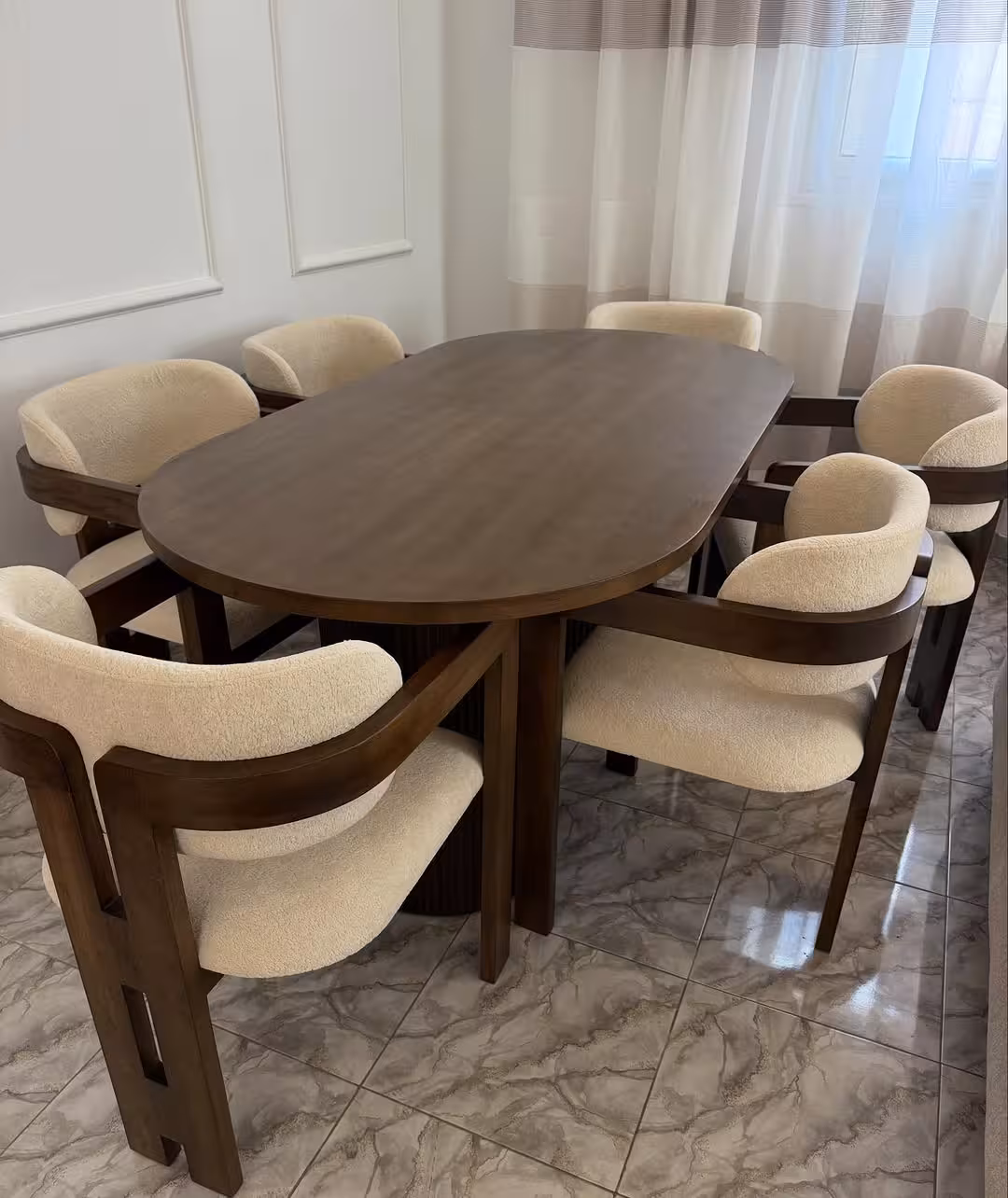 Contemporary Pill-Shaped 6-Seater Dining Set with Bouclé Chairs