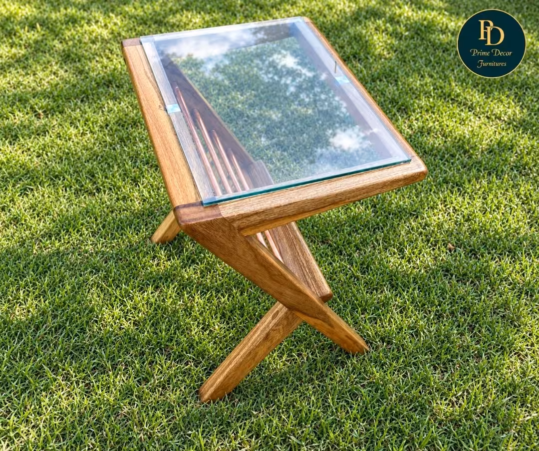 Z-Shaped Mango Wood Side Table with Glass Top