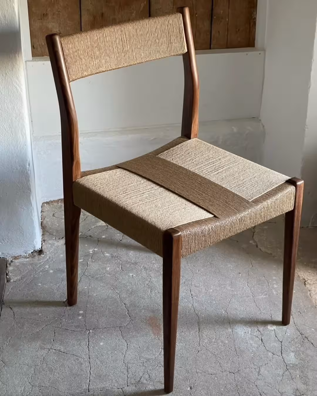 Mid-Century Modern Walnut Wood Dining Chair with Handwoven Paper Cord Seat