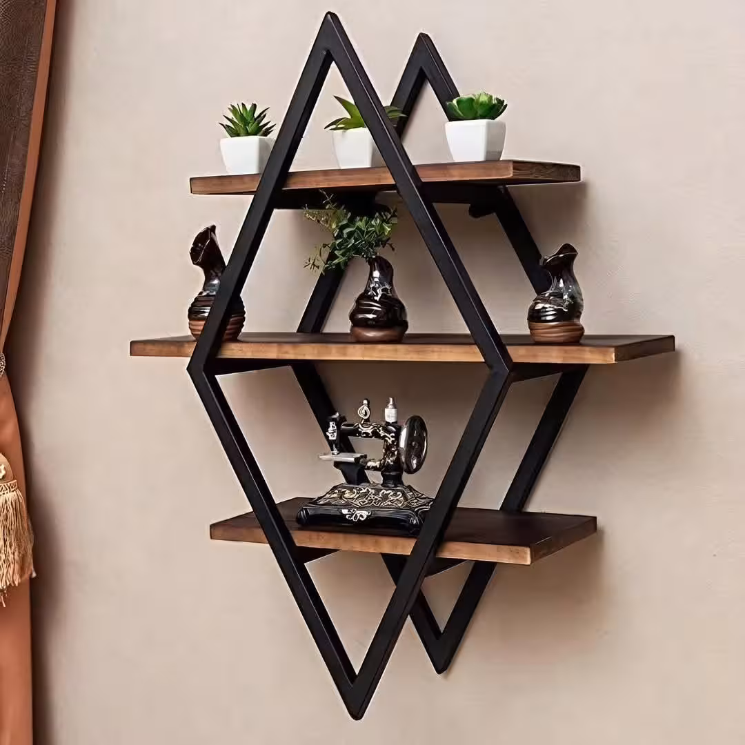 Modern Industrial Diamond-Shaped Metal and Wood Floating Wall Shelf