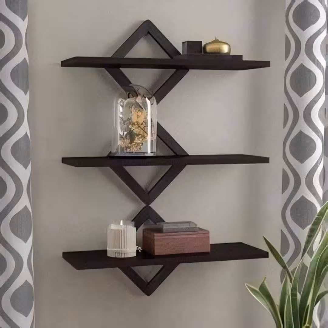 Set of 3 Modern Black Geometric Diamond-Shaped Floating Wall Shelves
