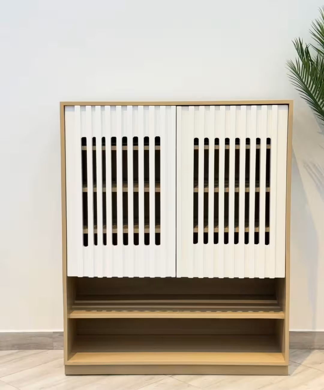 Minimalist Two-Tone Shoe Storage Cabinet with Slatted Doors 