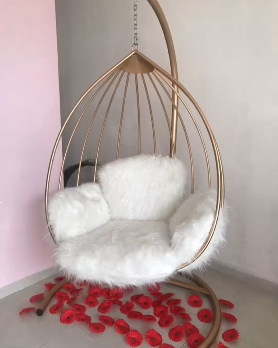 Golden Egg Swing Chair with Plush White Cushion