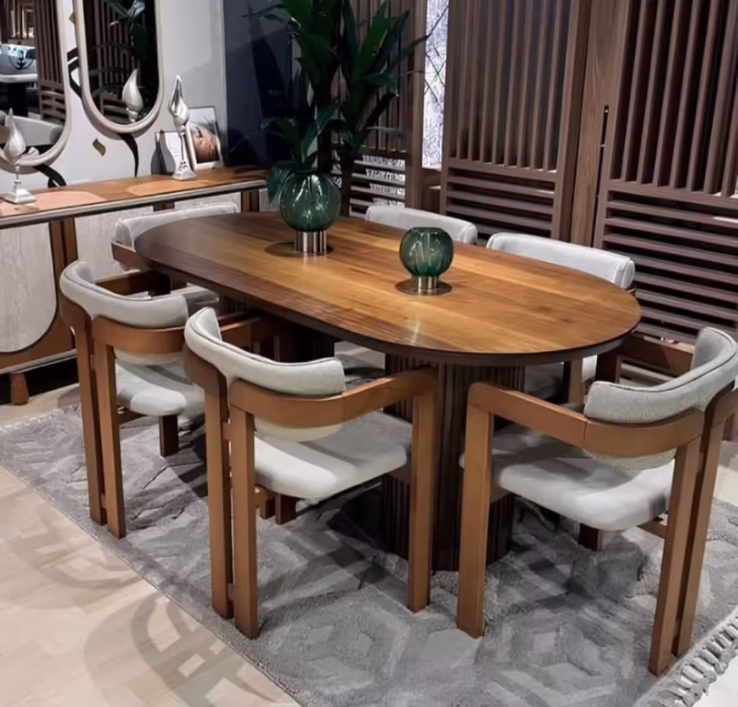 Japandi Style Solid Wood Oval Dining Set with Upholstered Chairs