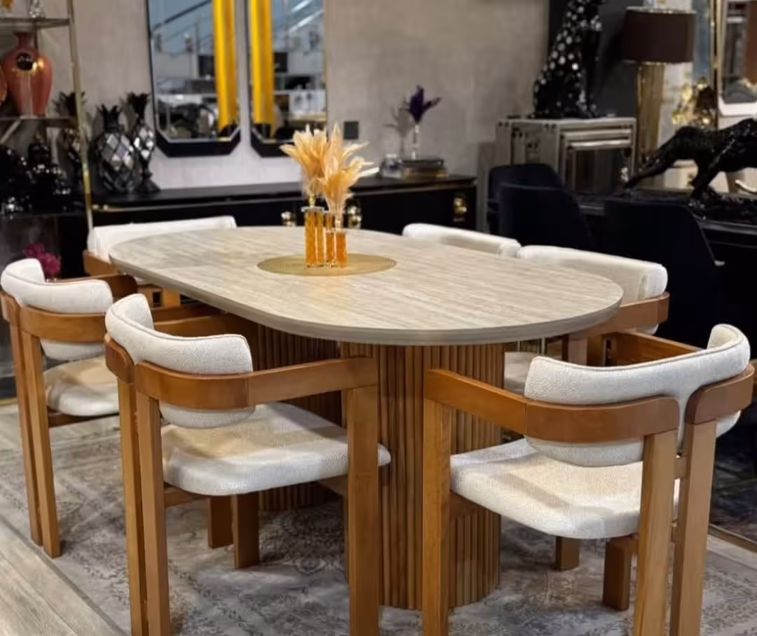 Japandi Style Solid Wood Oval Dining Set with Upholstered Chairs