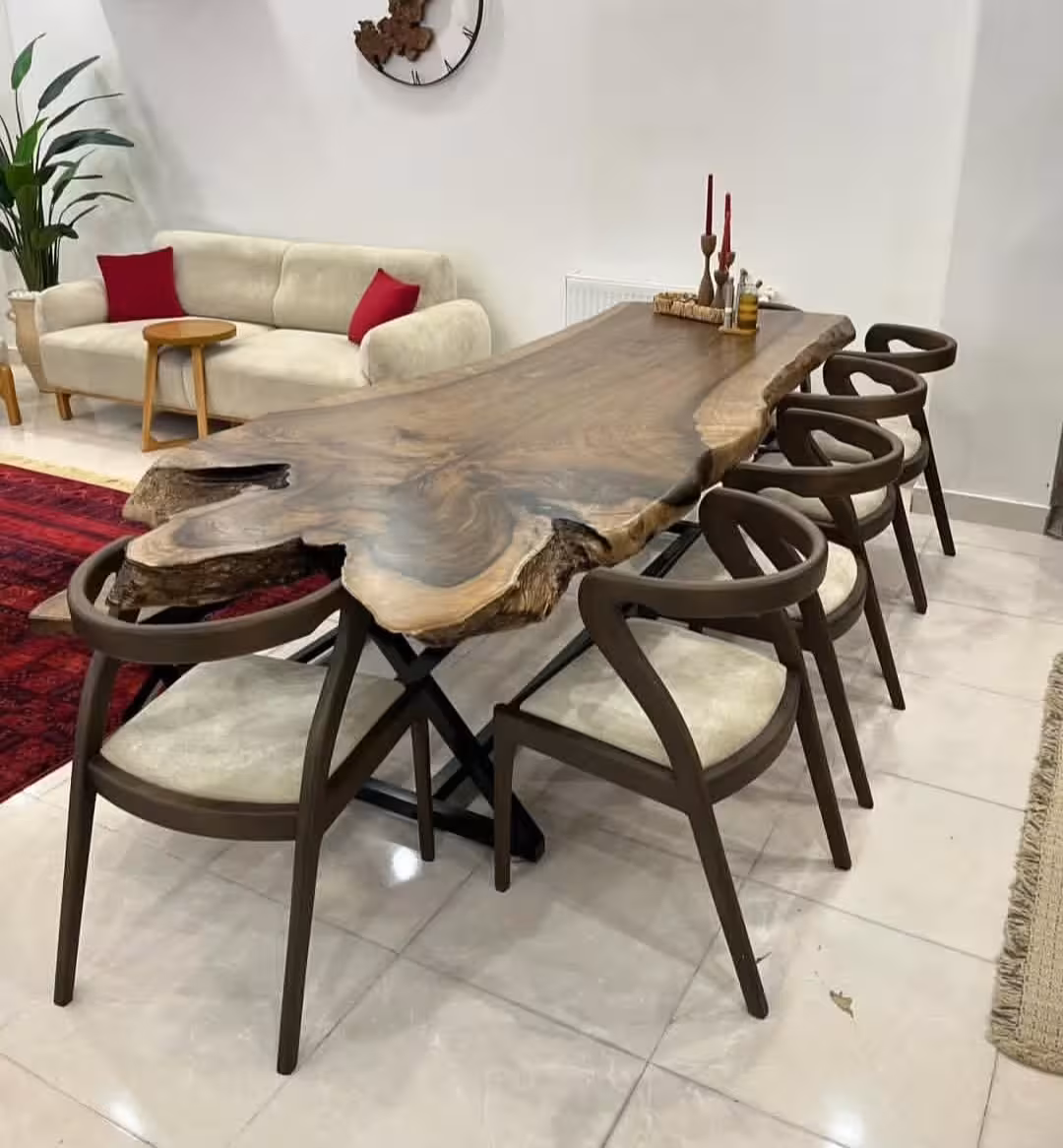 Artisanal Natural Live Edge Solid Hardwood Dining Set with Matching Bench